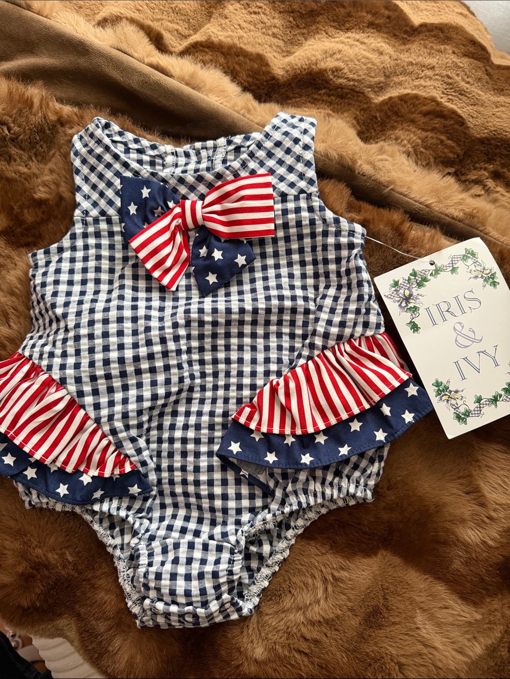 iris & ivy Navy Gingham Baby Romper with Red & White Bow 0-3 months NWT